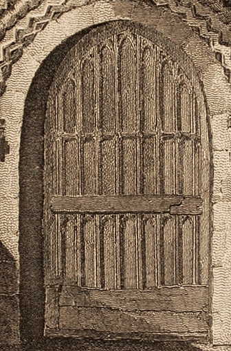 Harlington Church Porch, Middlesex, 1812 engraving (detail)