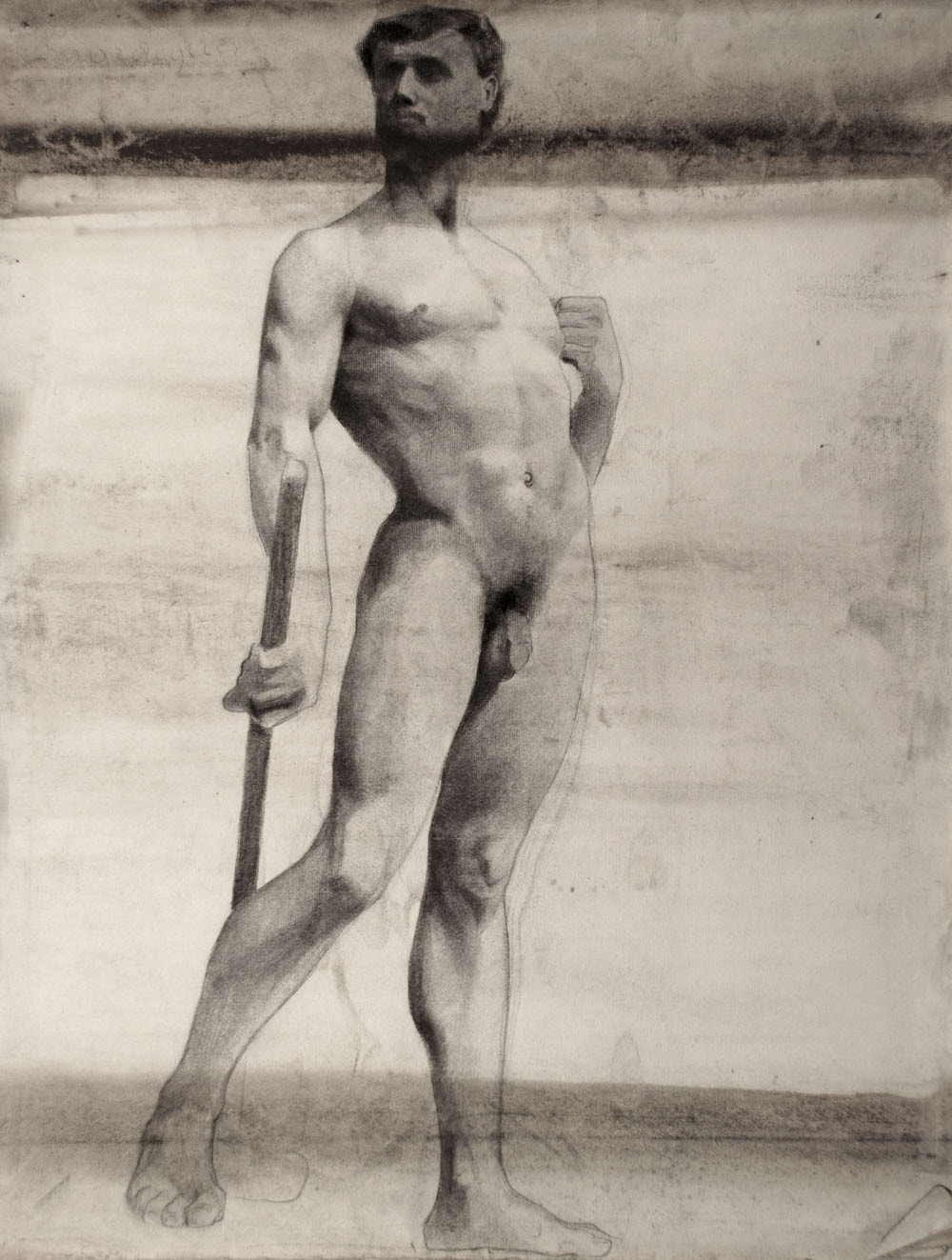 Lucien-Paul Pouzargues drawing standing male nude with rod