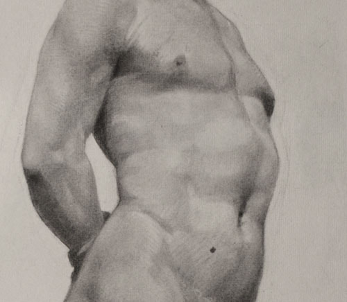 Lucien-Paul Pouzargues drawing male nude with hands behind back detail