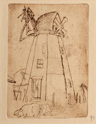 Kalr Salsbury Wood, Windmill with Pigs, etching