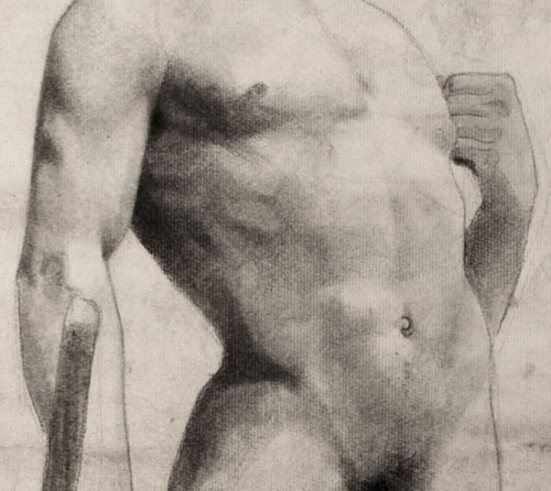 Lucien-Paul Pouzargues standing male nude with rod drawing detail