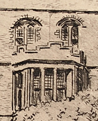Jesus College Gate, Cambridge by M Oliver Rae, etching (detail)