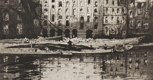 E W Sharland Etching River Wharf with Boats