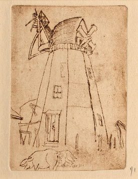 Karle Salsbury Wood Trial state etching of a windmill