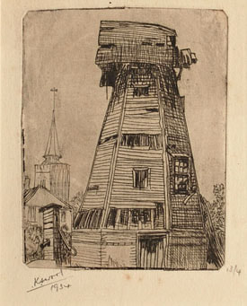 Windmill completed etching by Karl Salsbury Wood
